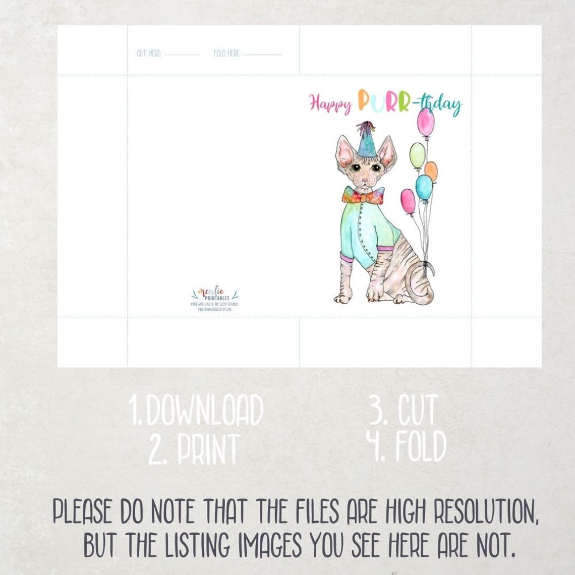 Cute Sphynx Cat Happy Birthday Pun Card Printable Instant - Etsy