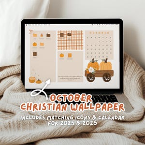 May include: A laptop screen displaying a digital desktop wallpaper with an October calendar, pumpkin illustrations, a wooden wagon, and folder icons. The design features a beige and orange color palette with a plaid pattern and text.