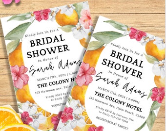 Orange & Pink Tropical Bridal Shower Invitation | Bougainvillea, orchid and orange inspired bridal shower invitation