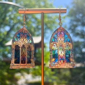 Gold Stained Glass Window Earrings Gothic Cathedral Cross Pattern