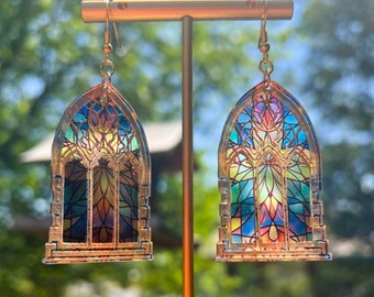 Gold Stained Glass Window Earrings Gothic Cathedral Cross Pattern