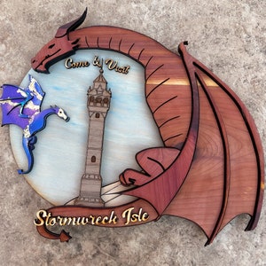 Personalized Dragon and Tower Sign Stormwreck Isle - Wood and Acrylic Wall Art