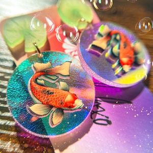 Iridescent Koi Fish Earrings: Engraved Acrylic Nature Jewelry