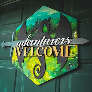 Hand Painted Adventurers Welcome Dragon Sign Custom Color Personalization