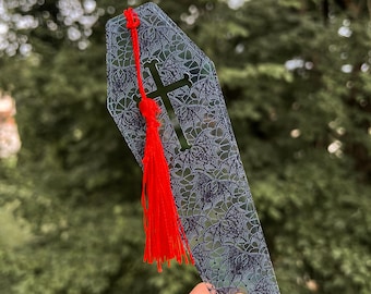 Coffin Bookmark: Gothic Spiderweb Bat Design with Red Tassel