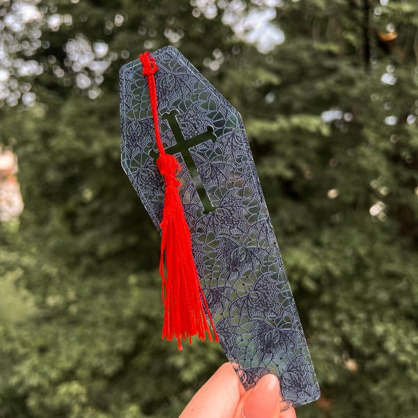 Coffin Bookmark: Gothic Spiderweb Bat Design with Red Tassel