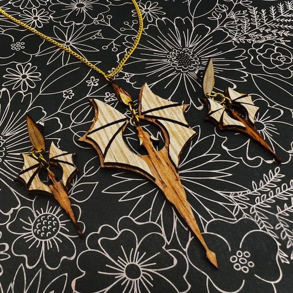 Dragon’s Strike Handmade Wooden Necklace and Earrings