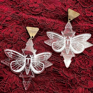 Engraved Acrylic Moth Earrings: Geometric Insect Jewelry
