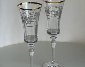 Vintage Mikasa Antique Lace Champagne Flutes Set of 2 | Crystal Etched Glassware | Elegant Wedding Toast Glasses | Romantic Barware Gift