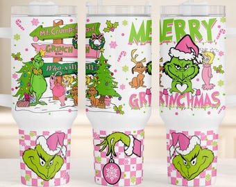 Pink Grinch 40 oz Christmas Tumbler With Handle, Personalized Grinch Gifts, Merry Grinchmas Christmas Cup, Cute Grinch Christmas Mug