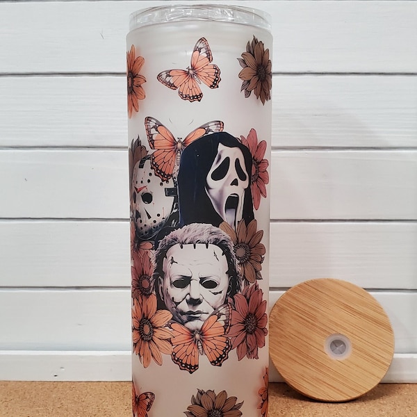 Floral Horror Halloween Frosted Glass Tumbler, 20oz Spooky Coffee Cup, Horror Movie Halloween Glass Cup, Frosted Glass Halloween Tumbler