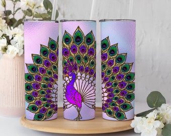 Vaso de pavo real, taza de café de pavo real púrpura, vaso de pavo real personalizado con paja, regalos personalizados de pavo real