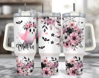 Pink Ghost-beker van 40 oz met handvat: spookachtige Halloween-beker met rietje, geïsoleerde Halloween-mok, gotische bloemen Halloween-beker