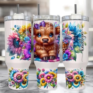 Highland Cow 40 oz Tumbler With Handle – Sunflower Cow Cup With Straw, Cute Highland Cow Gifts For Her, 40oz Travel Mug for Cow Lovers
