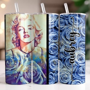 Marilyn Monroe 20 oz Tumbler – Personalized Marilyn Monroe Gifts Custom Marilyn Monroe Coffee Cup with Straw, Blue Rose Marilyn Monroe Mug