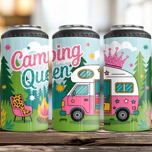 Camping Queen Can Holder, Cute Camping Gift, Camping Coozie, 4-in-1 Insulated Can Cooler, Fits Slim Cans, Bottles & Standard Cans