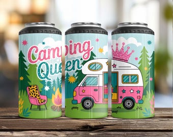 Camping Dosenkühler, Outdoorsy RV Camping Geschenke, Camping Slim Dosenkühler, Camping Queen 4-in-1 Isolierdosenhalter mit Flaschenöffner