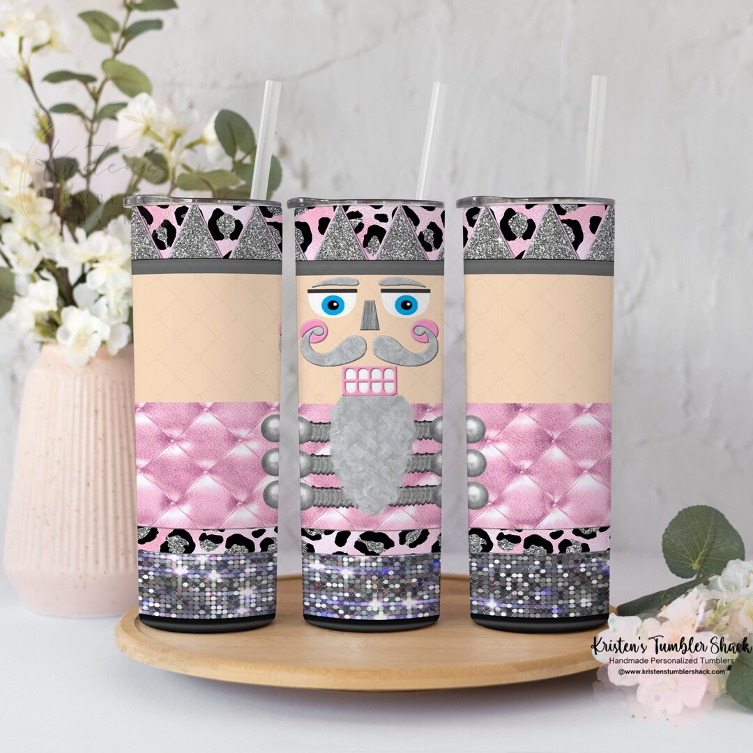 Nutcracker Tumbler, Pink Leopard Faux Glitter Christmas Cup, Christmas