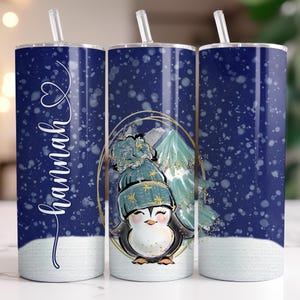 Custom Penguin Tumbler with Straw – Personalized Penguin Gift, Custom Blue Christmas Coffee Cup With Name, Cute Christmas Gift