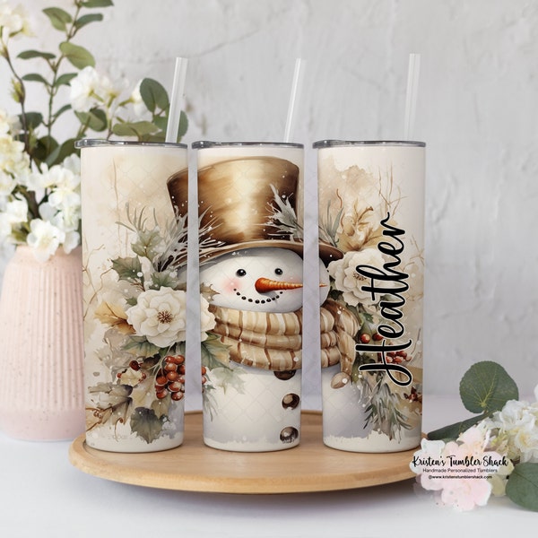 Custom Snowman Tumbler - Personalized Snowman Cup for Hot Cocoa with Straw - Vintage Snowman Tumbler