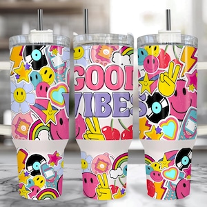 Good Vibes Only 40 oz Tumbler With Handle, Retro Cup with Handle, Large Insulated Good Vibes Only Travel Mug
