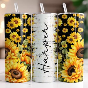 Custom Sunflower Tumbler, Personalized Sunflower Gifts, Personalized Sunflower Cup with Name, Custom Black Sunflower Tumbler with Straw
