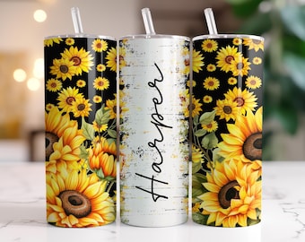 Sunflower Tumbler | Personalized Sunflower Gift | Custom Sunflower Cup | Black Sunflower 20 oz Tumbler with Straw