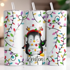 Custom Penguin Tumbler – Personalized Penguin Gift, Christmas Light Penguin Coffee Cup with Straw, Cute Christmas Gift Idea