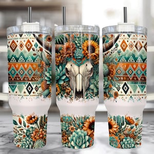 Western Cow Skull 40 oz Tumbler with Handle, Rustic Cow Gifts, Western Cow Skull Cup with Handle, Large Insulated Cow Travel Mug