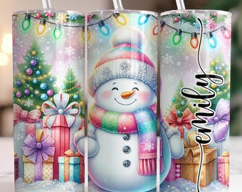 Bicchiere termico da 20 oz con pupazzo di neve arcobaleno / Tazza di Natale personalizzata con cannuccia / Regali di Natale con pupazzo di neve / Bicchiere termico invernale con pupazzo di neve