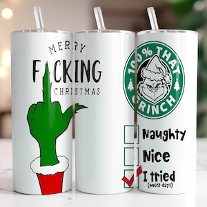 Middelvinger Grinch-beker – Merry F*cking Christmas-koffiekop met rietje, kerstmok cadeau voor Grinch-liefhebbers