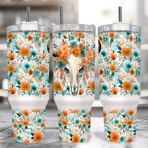 Western Cow Skull 40 oz Tumbler with Handle, Rustic Cow Gifts, Floral Cow Skull Cup with Handle, Large Insulated Cow Travel Mug