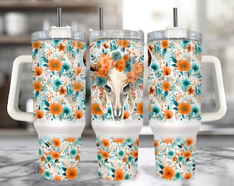 Gobelet floral Western de 40 oz avec anse, crâne de vache, tasse personnalisée crâne de vache avec paille, cadeaux personnalisés vache de l'ouest