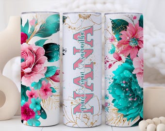 Personlig mormorsmugg med barnbarnsnamn, morsdagspresenter till mormor, blågrön och rosa blommig personlig mormorsmugg med sugrör