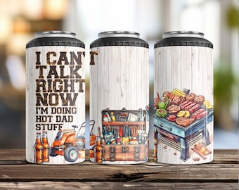 Enfriador de latas "Hot Dad", regalo del Día del Padre para papá, divertido enfriador de latas delgado, enfriador de latas delgado 4 en 1 con aislamiento térmico y abridor de botellas.