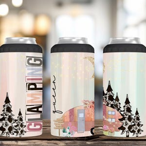 Camping Can Holder, Cute Camping Gift, Glamping Queen Camping Coozie, 4-in-1 Insulated Can Cooler, Fits Slim Cans, Bottles & Standard Cans