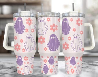 パープルゴースト 40オンス ハンドル付きタンブラー：ストロー付き不気味なハロウィンカップ、断熱ハロウィンマグ、ゴシックフローラルハロウィンタンブラー