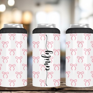 Pink Coquette Bow Can Holder – Personalized Pink Bow Coozie, 4-in-1 Insulated Can Cooler, Fits Slim Cans, Bottles & Standard Cans