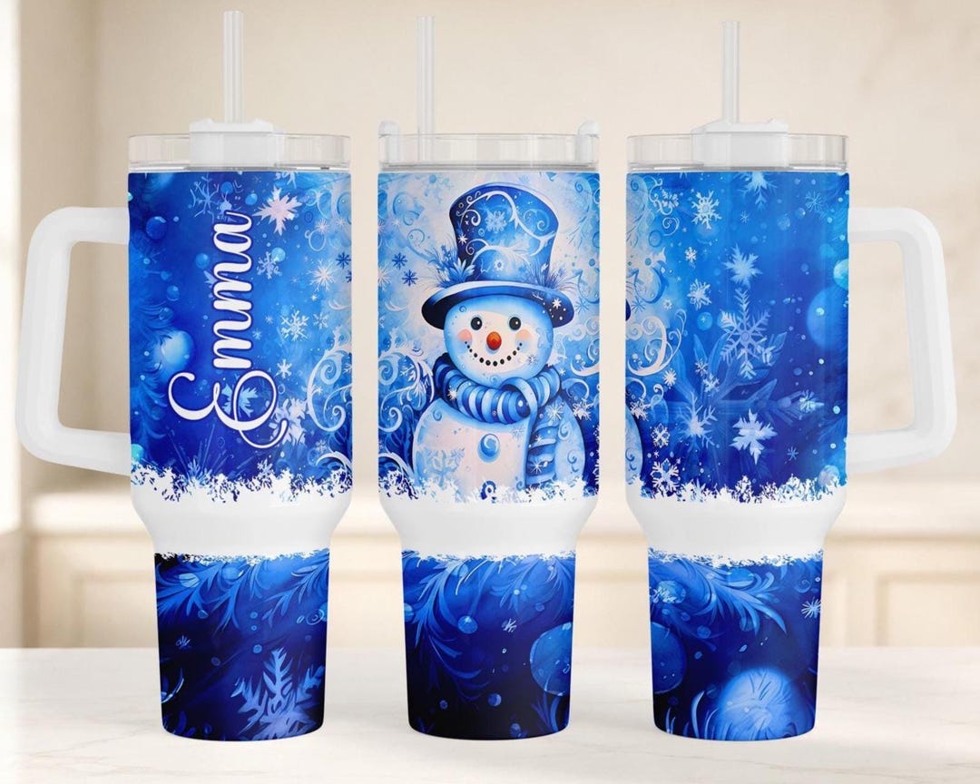 パーソナライズされた青い雪だるま柄の40オンスタンブラー（取っ手付き
