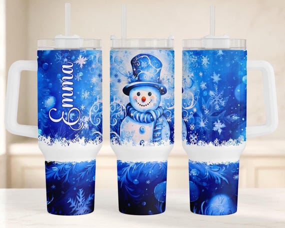パーソナライズされた青い雪だるま柄の40オンスタンブラー（取っ手付き