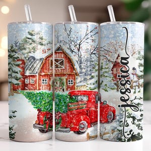 Red Truck Christmas Tumbler - Personalized 20 oz Vintage Christmas Truck Tumbler with Straw - Cute Red Truck Christmas Gift
