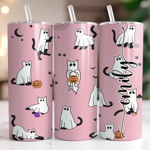Pinker Geisterkatzenbecher - Halloween 20 Unzen dünner Becher mit Strohhalm, gruselige Katzenkaffeetasse, gruseliges Geschenk für Sie