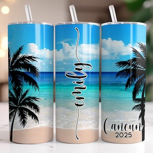 Personalized Palm Tree Beach Tumbler – Custom Beach Vacation Cup – Girls Trip Cruise Tumbler, Family Vacation, or Bachelorette Party&#39;s!