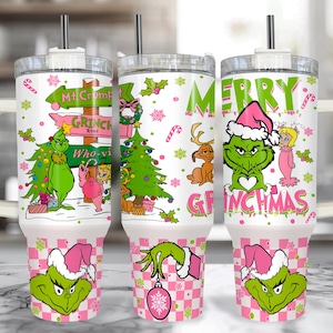 Roze Grinch-beker van 40 oz met handvat - Gepersonaliseerde kerstkoffiekop met rietje, Grinchmas-kerstmok cadeau voor Grinch-liefhebbers