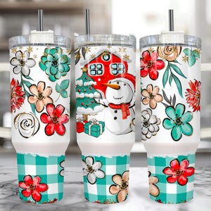 Teal Snowman 40 oz Christmas Tumbler With Handle – Personalized Teal Christmas Cup With Straw, Large Insulated 40oz Christmas Travel Mug