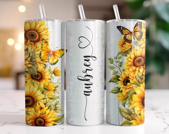 Sunflower Tumbler | Personalized Sunflower Gift | Custom Sunflower Cup | Butterfly Sunflower 20 oz Tumbler with Straw