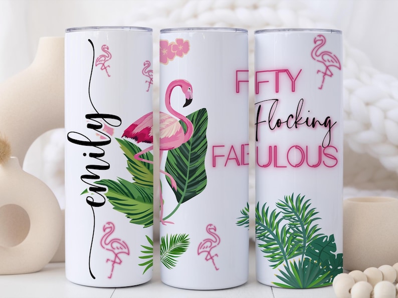 Fifty Flocking Fabulous Tumbler – Personalized 50th Birthday Gift for Her, Funny Flamingo 50th Birthday Cup, 50 and Fabulous Custom Tumbler