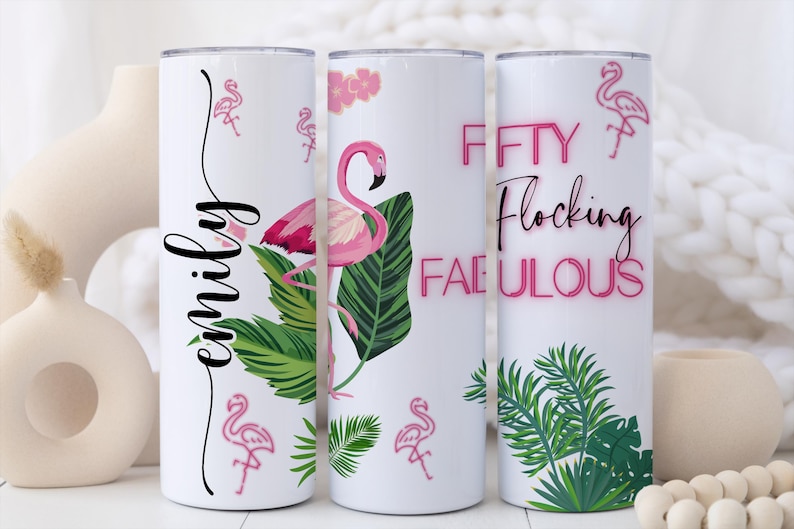 Fifty Flocking Fabulous Tumbler – Personalized 50th Birthday Gift for Her, Funny Flamingo 50th Birthday Cup, 50 and Fabulous Custom Tumbler