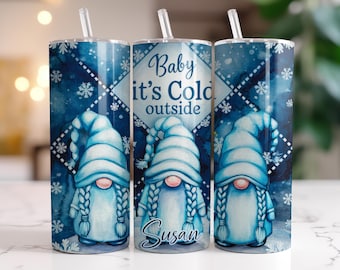 Blue Gnome Christmas Tumbler, Personalized Baby Its Cold Outside Gnome Cup With Straw, Custom Gnome Christmas Mug