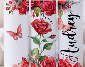 June Birthflower Gift: Personalized Rose Birth Month Flower Tumbler with Straw, June Birth Flower Mug